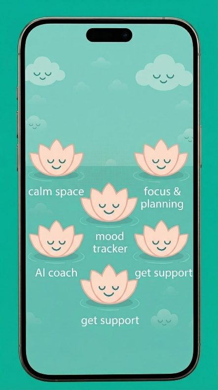 Calmind features: calm space, focus and planning, mood tracker, AI coach