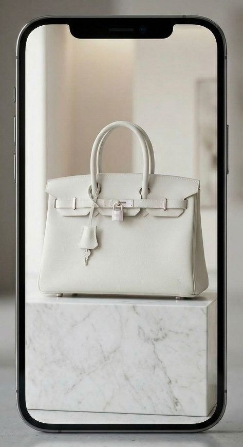 Concept visual for The Angel Collection: a white Hermès bag on a marble plinth