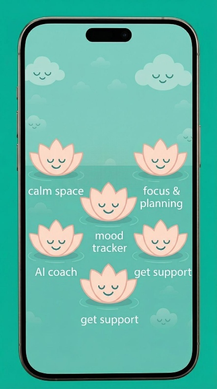 Calmind app — features menu: calm space, focus, mood tracker, AI coach