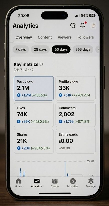 TikTok analytics: 2.1M post views, 74K likes, 21K shares